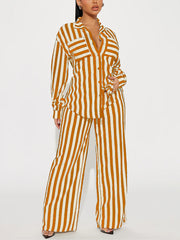 Plus Size Long Sleeve Stripe Shirt Wide Leg Pants Sets