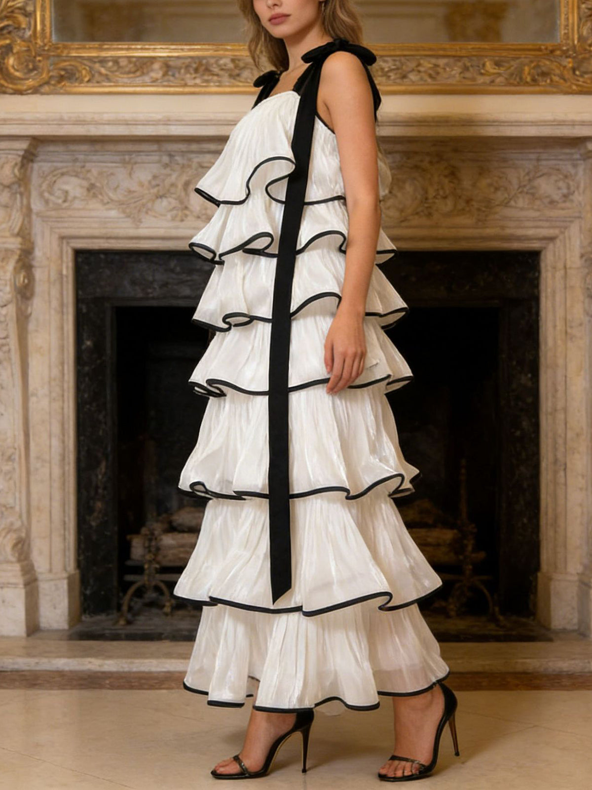 Elegant Sleeveless Wide Suspender Tiered Maxi Dress