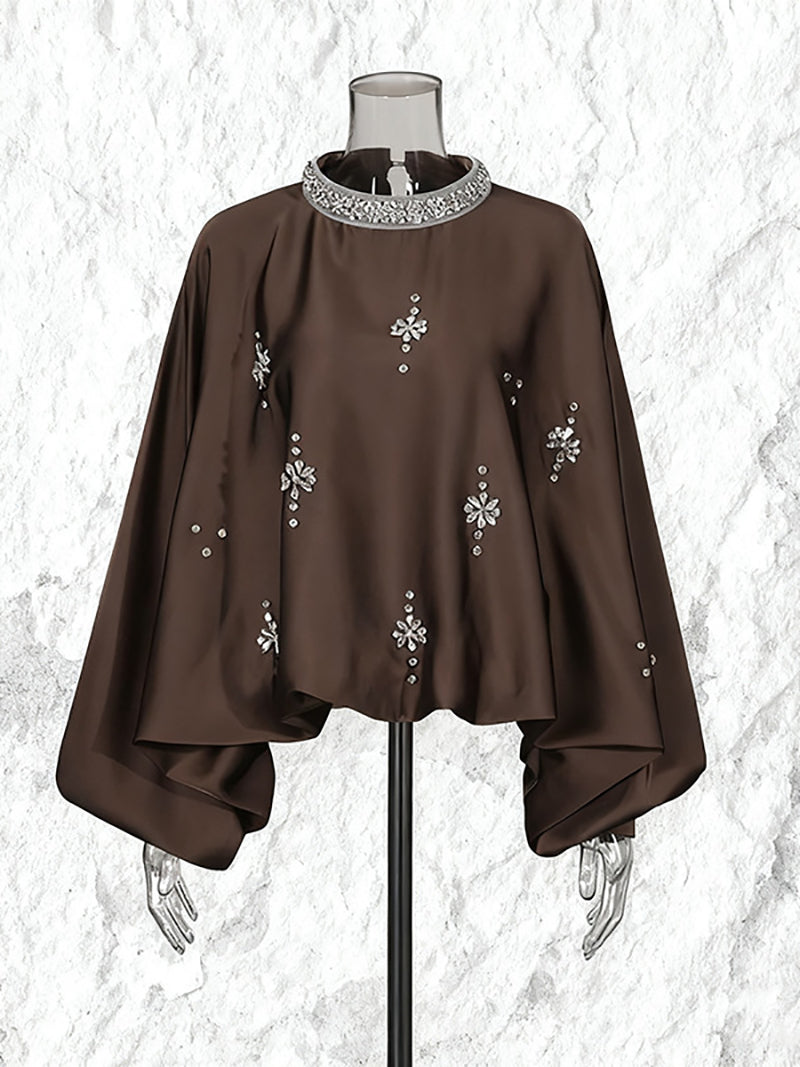 Elegant Round Neck Rhinestone Puff Sleeve Shirt