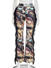 Fashion Print Fringe High Waist Flared Trousers