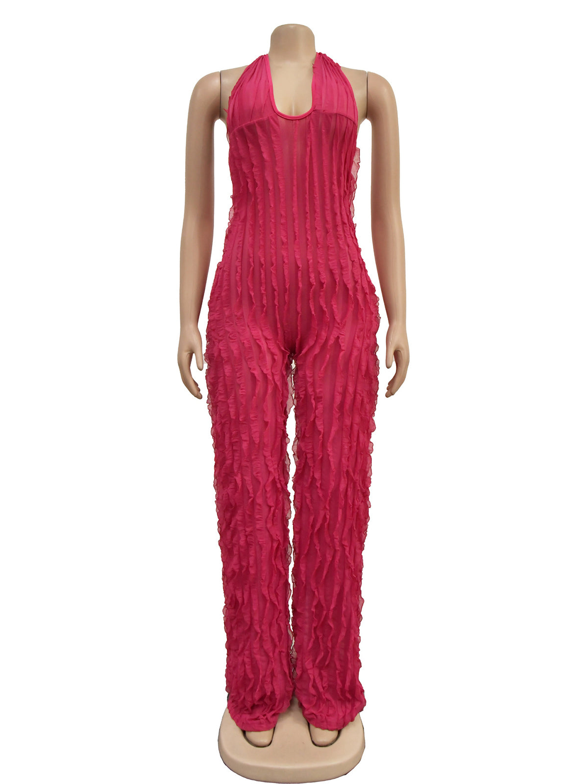 Sexy V Neck Pleat Halter See through Jumpsuit