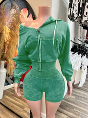 Casual Zip-Up Hooded Top And Shorts Sports Sets