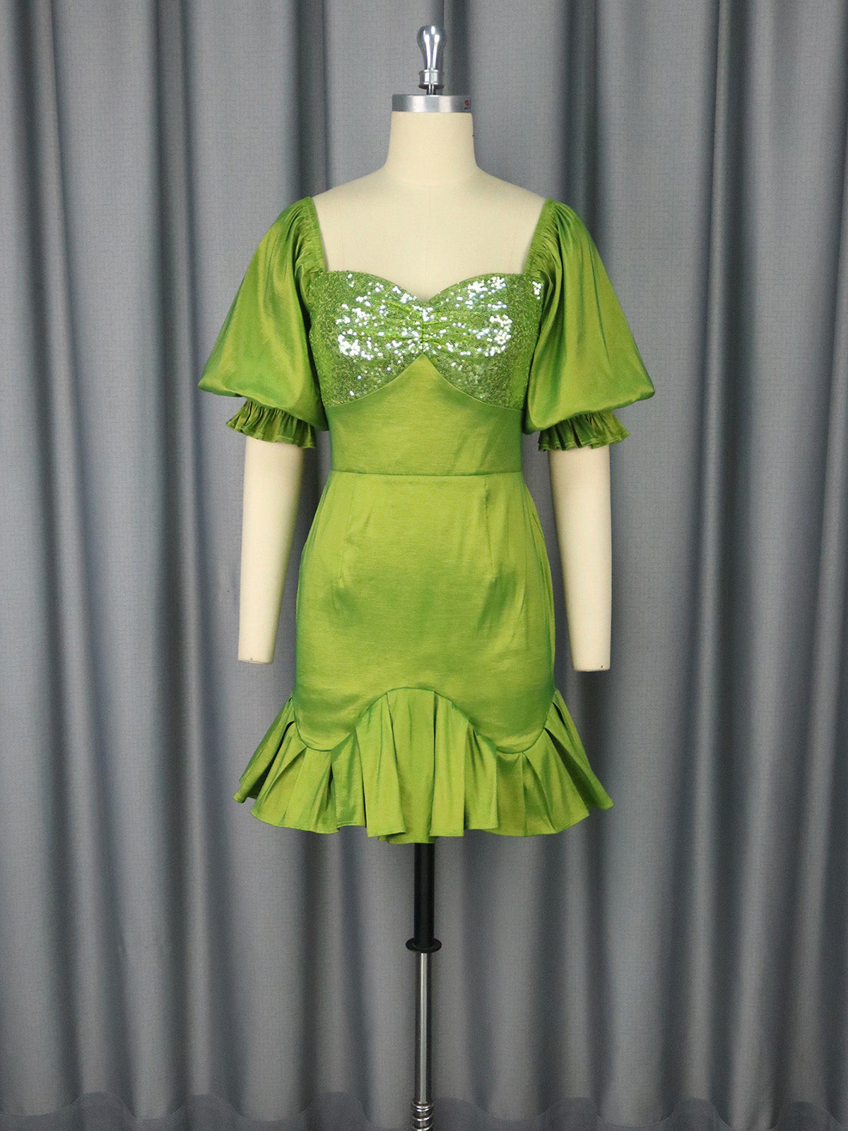 Elegant Sequin Puff Sleeve Ruffle Slim Party Dress