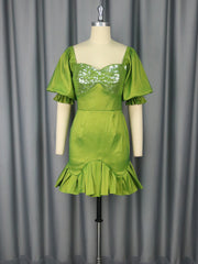 Elegant Sequin Puff Sleeve Ruffle Slim Party Dress