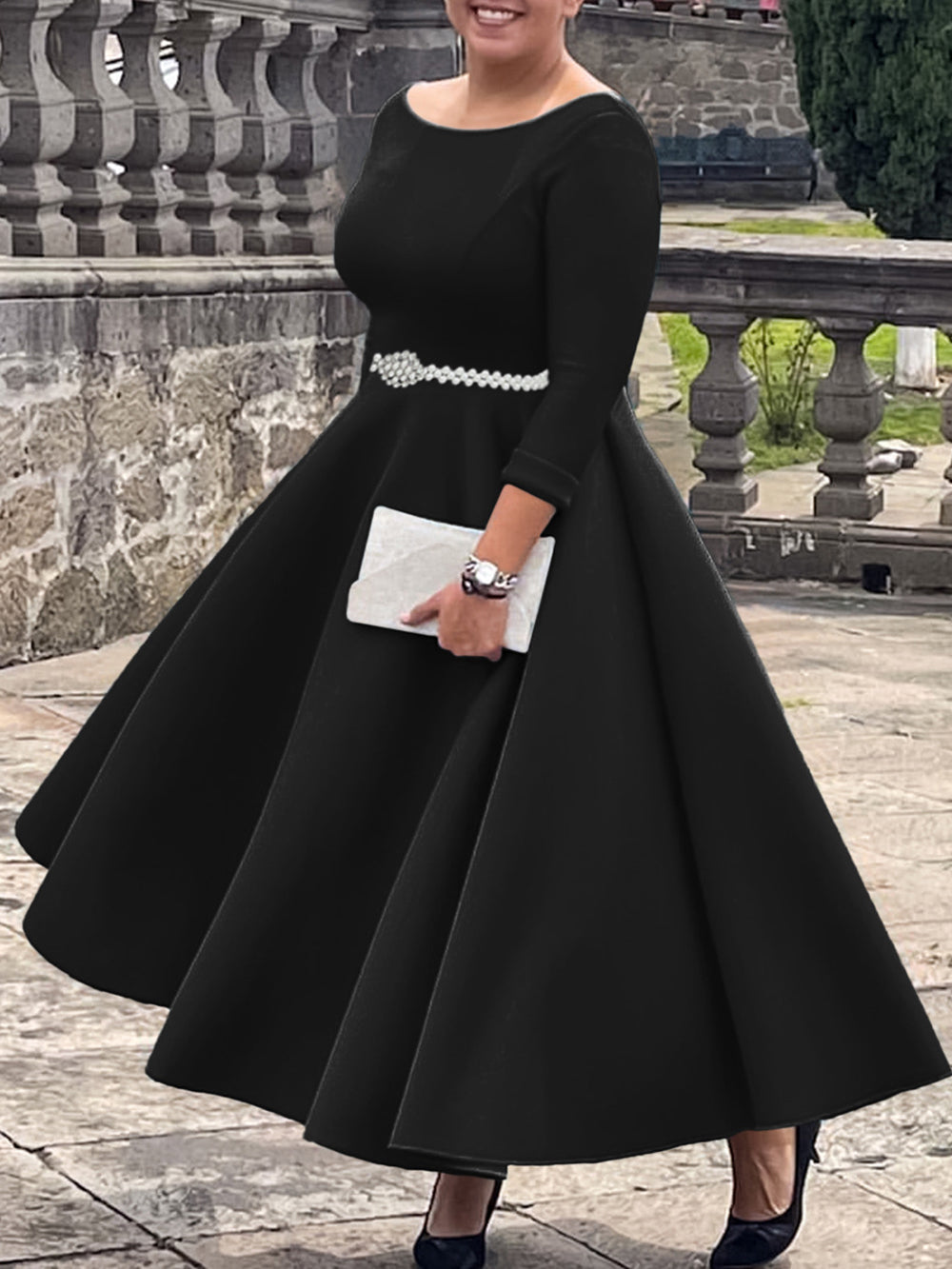 Elegant Solid Belted Evening Dress