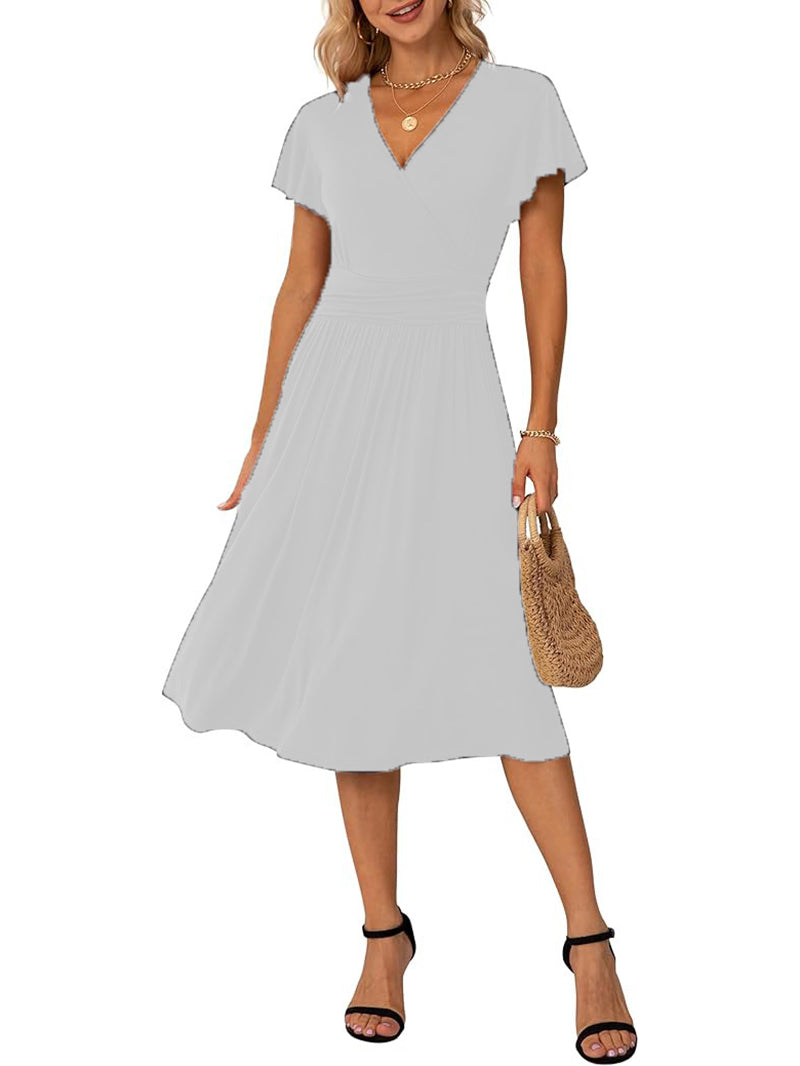 Casual Ruffle Wrap V Neck High Waist Midi Dress