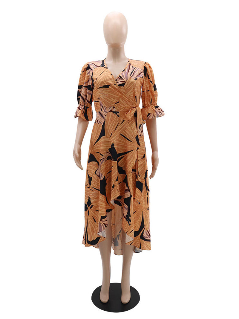 V-neck Print Bubble Sleeve Dress