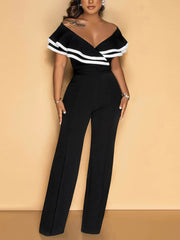 Sexy Off Shoulder Ruffles Colorblock Belted Jumpsuit