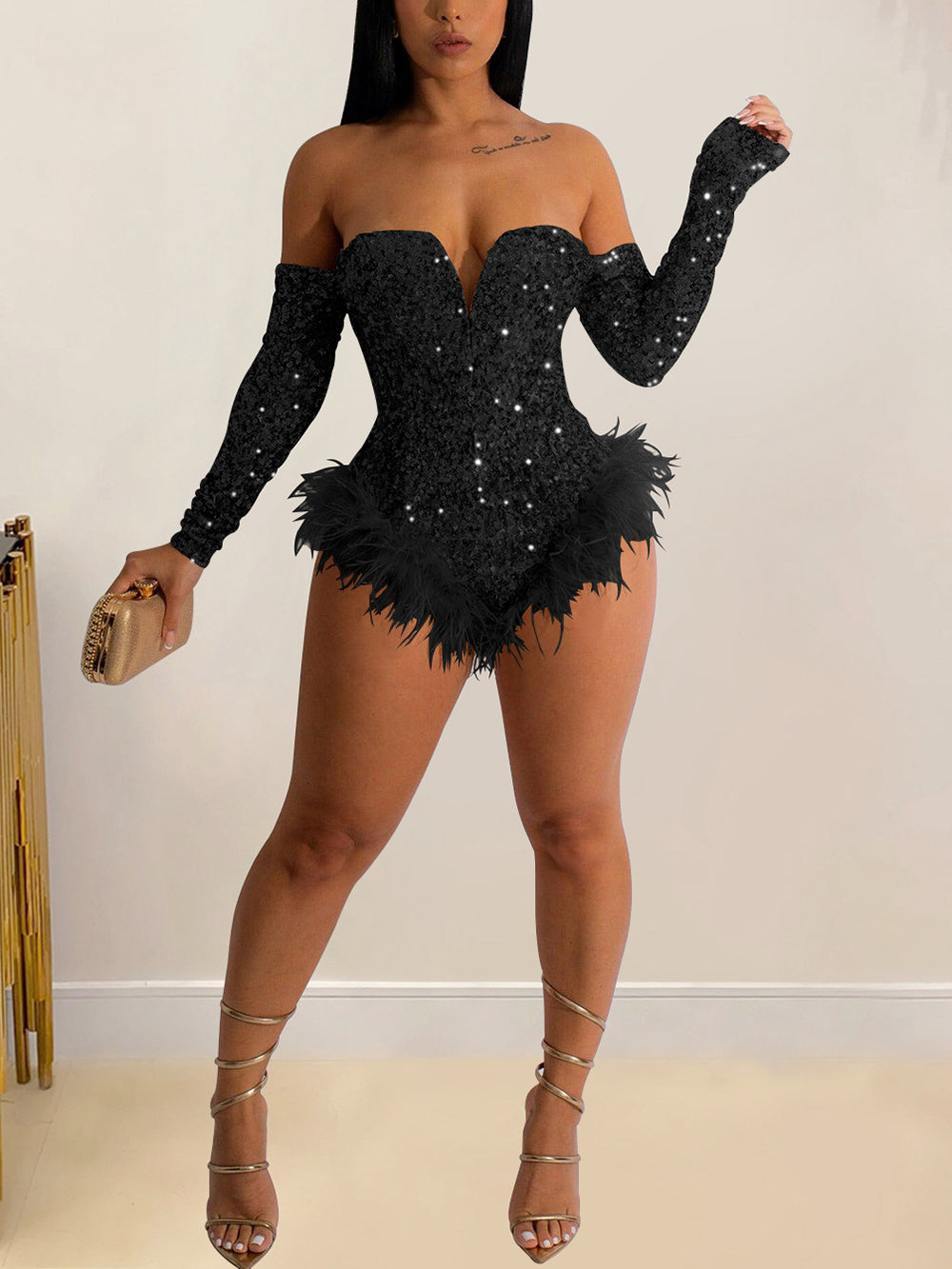 Sexy Sequin Off Shoulder Slim Feather Romper