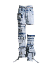 High Waist Patchwork Pockets Detachable Vintage Jeans