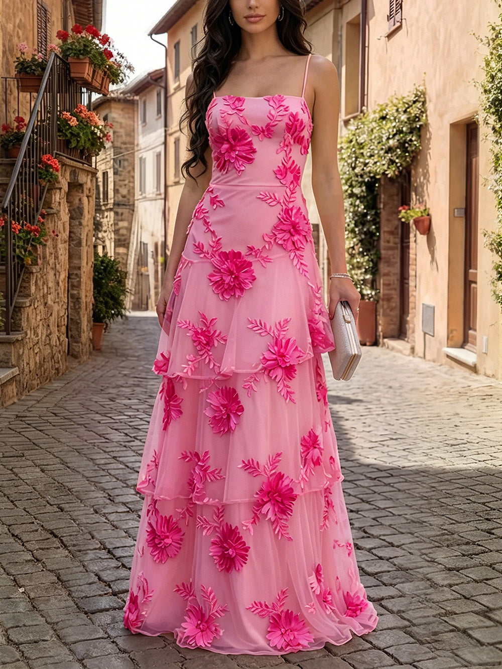 Elegant Spaghetti Strap Tiered Ruffle Prom Dress