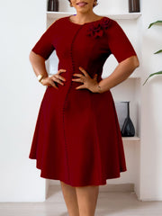 Elegant Round Neck Cinched Waist Midi Dress