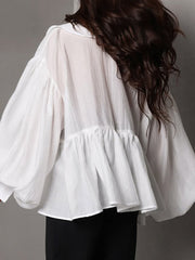 Casual V Neck Bubble Sleeve Loose Top