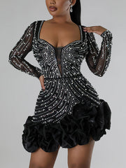 Sexy Rhinestone Ruffles Birthday Mini Dress