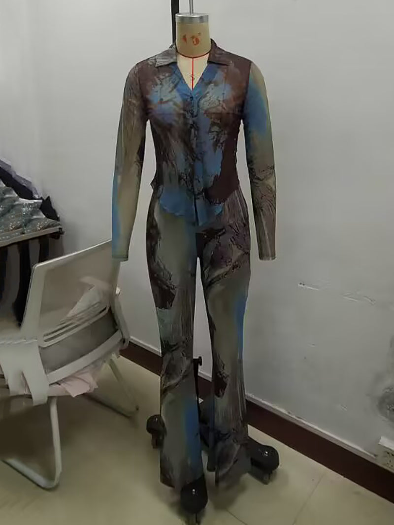 V Neck Print Elastic Sheer Mesh Trousers Two Piece Set