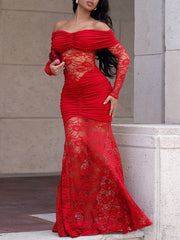 Sexy Off Shoulder Ruched Patchwork Lace Maxi Dress