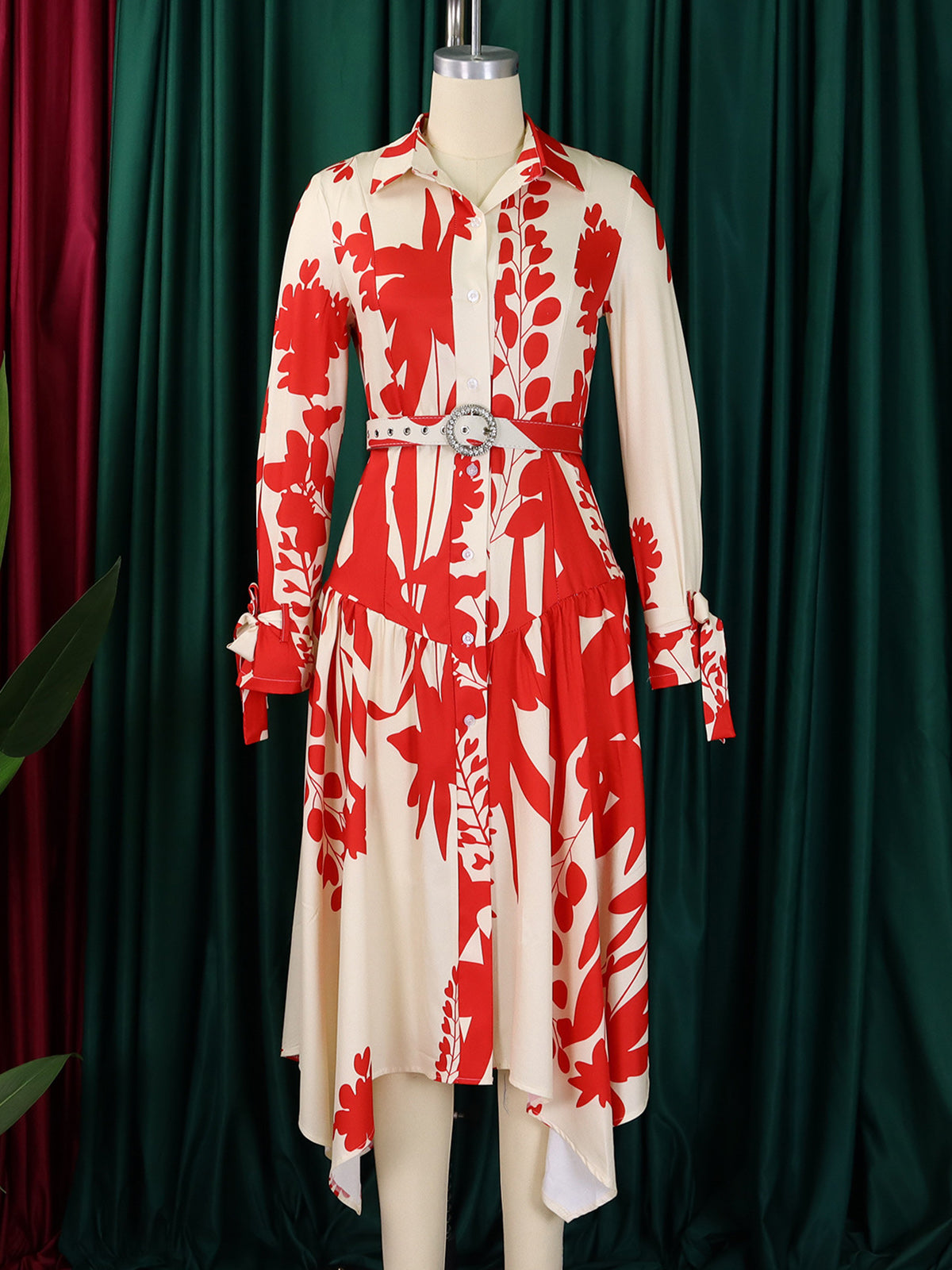 Casual Floral Print Long Sleeve Irregular Hem Maxi Dres