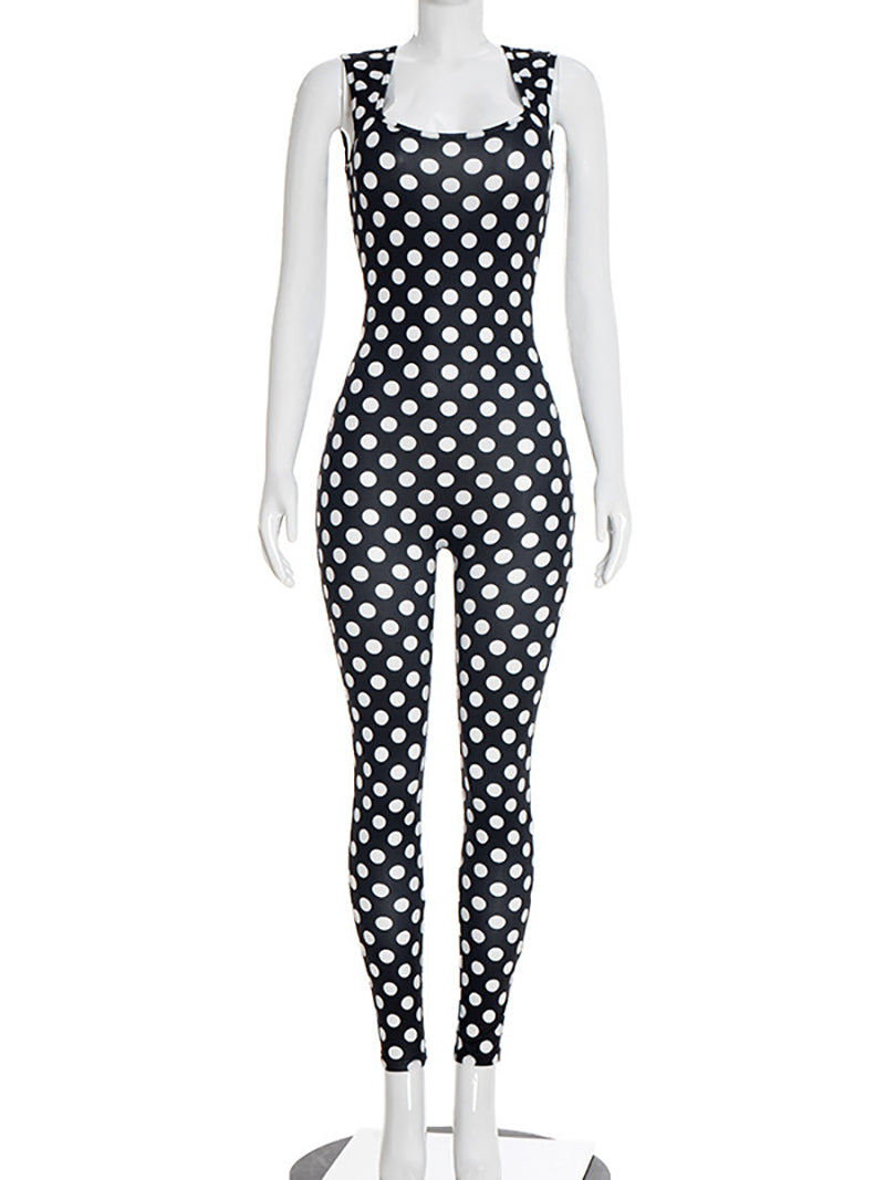 Sexy Polka Dot Print Backless Tight Jumpsuit