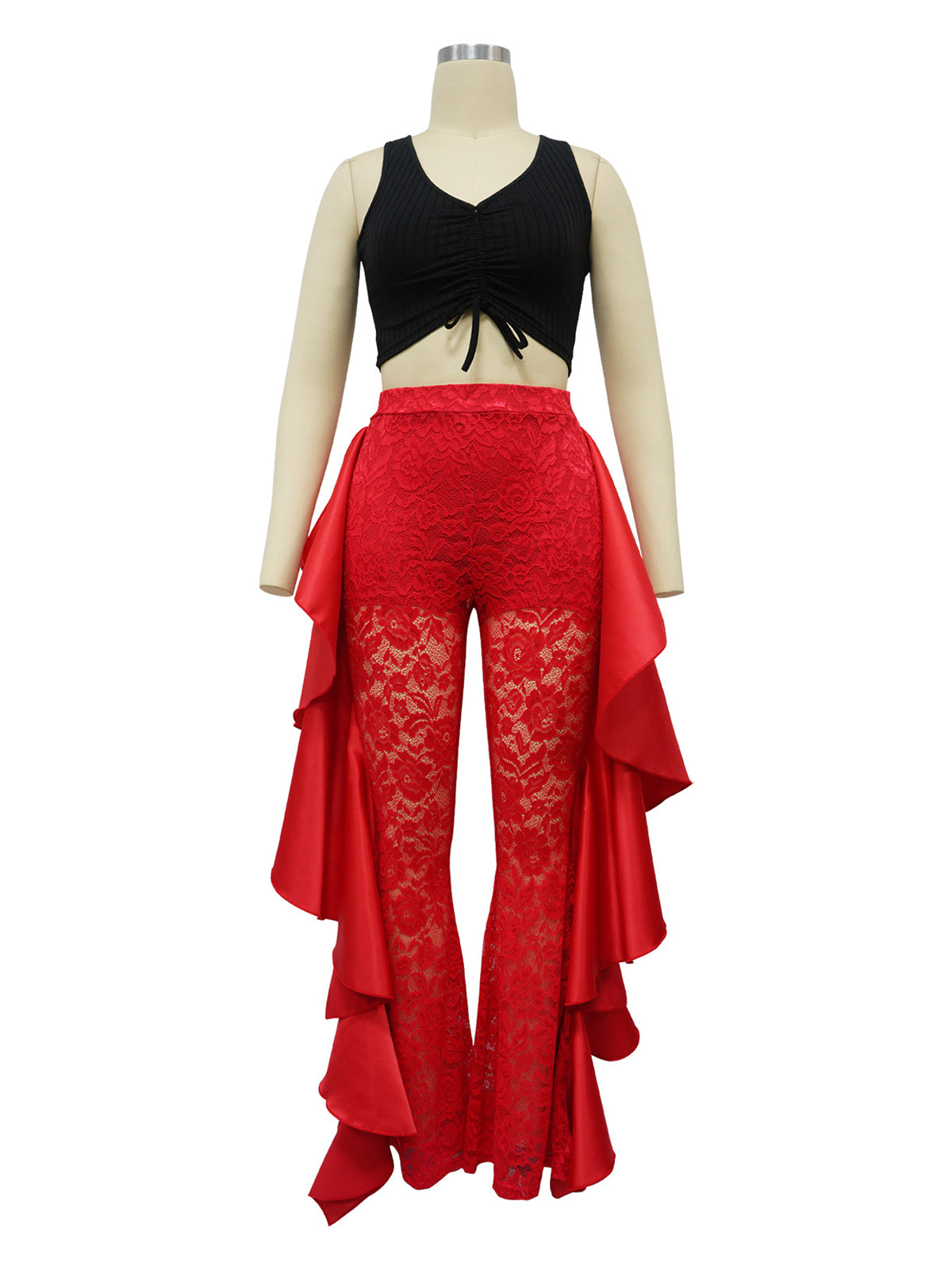 Lace Patchwork Ruffle See Through High Rise Pants