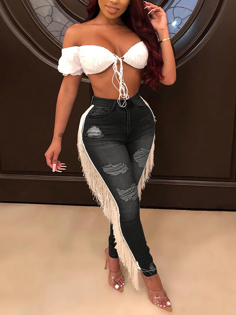 Casual High Waist Ripped Tassel Jeans Pencil Pants