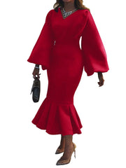 V Neck Balloon Sleeve Mermaid Midi Dress