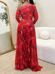 Elegant Print Stretch Slash Shoulder Maxi Dress