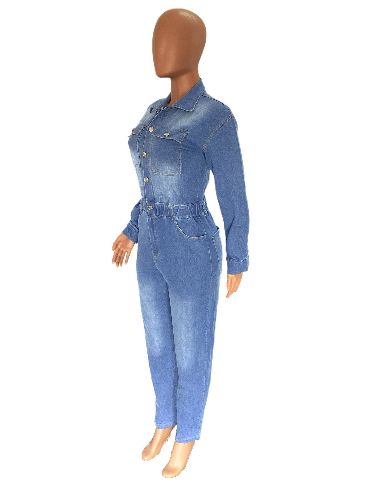 Fashion Single Breasted Solid Denim Jumpsuits