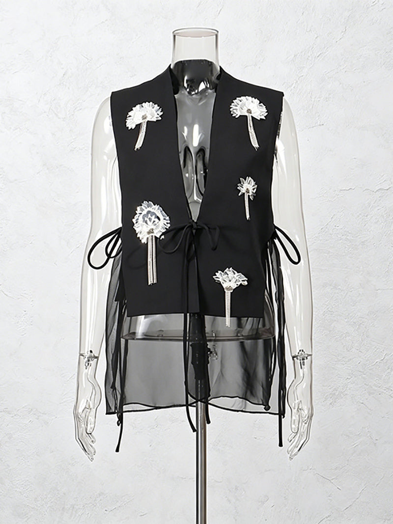 Fashion Mesh Patchwork Floral Embellishment Waistcoat