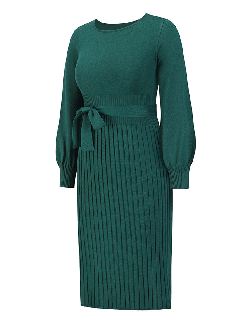 Fashion Round Neck Knit Pleated Sweater Dress