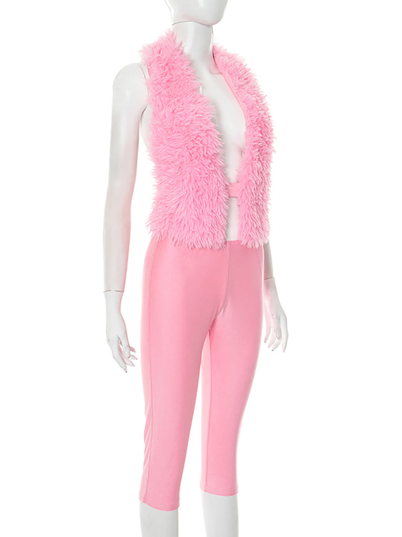 Sexy Imitation Fur Halter Top Tight Capri Pant Club Set
