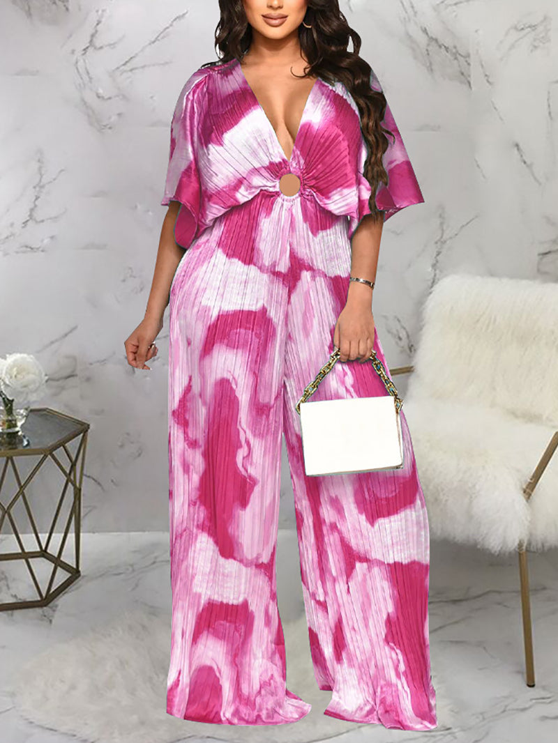 Sexy V Neck Print Pleat Jumpsuit