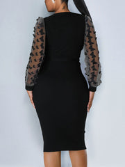Elegant Butterfly Mesh Sleeve Tie Up V-Neck Dress