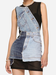 Fashion Denim Patchwork Mesh Package hip Dress