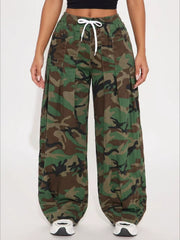 Plus Size Camo Drawstring Wide Leg Cargo Pants