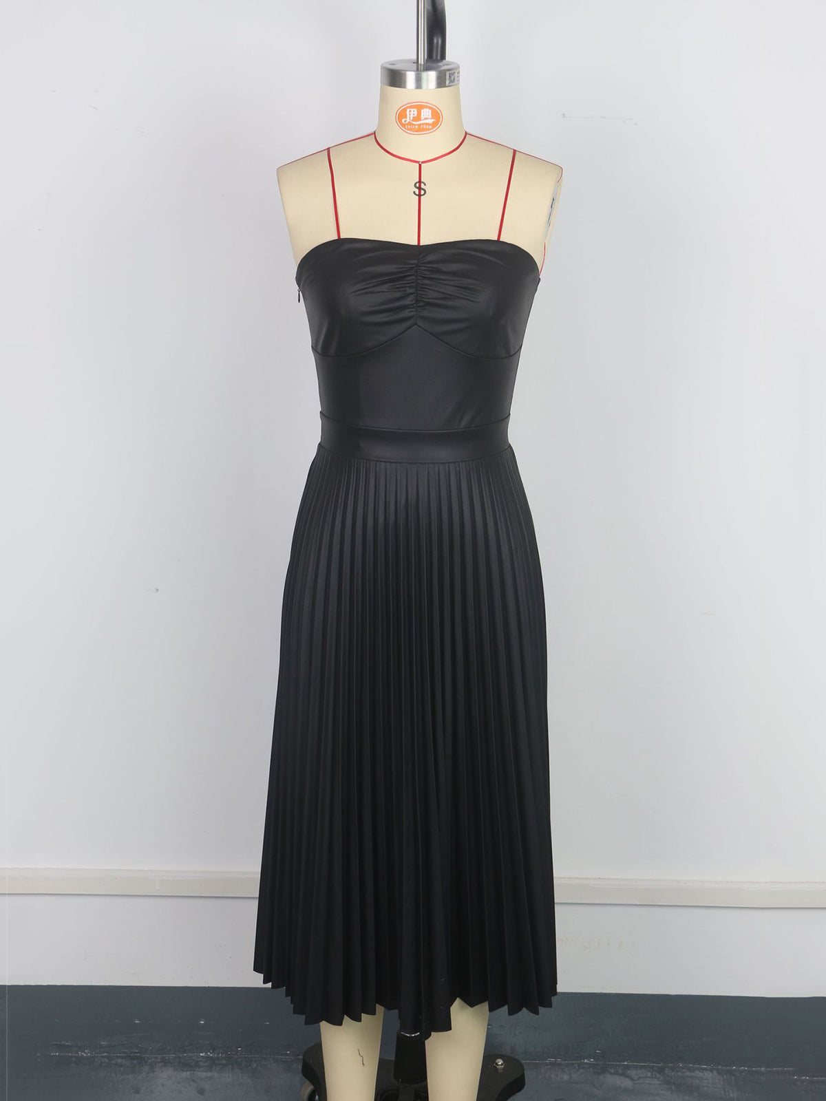 Strapless Pleated Faux Leather Midi Dress