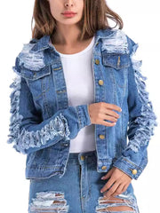 Casual Long Sleeve Ripped Denim Jacket