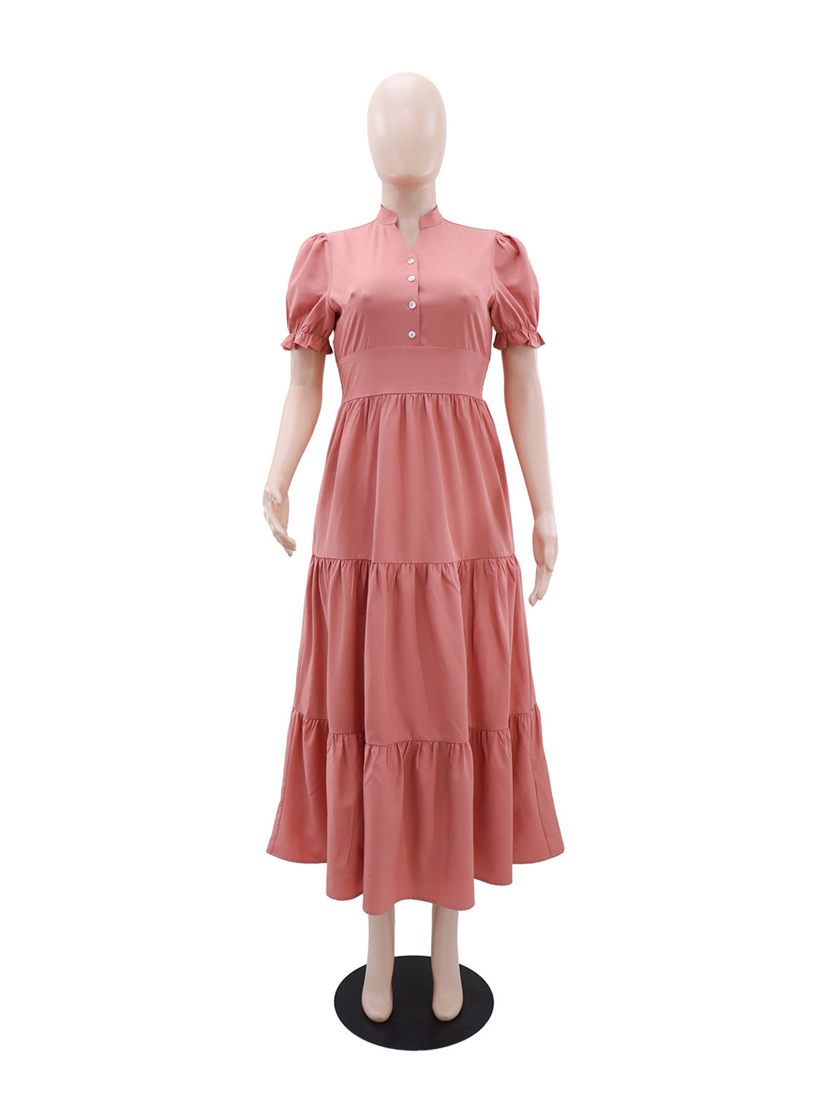 Elegant V Neck Button Cinched Waist Midi Dress
