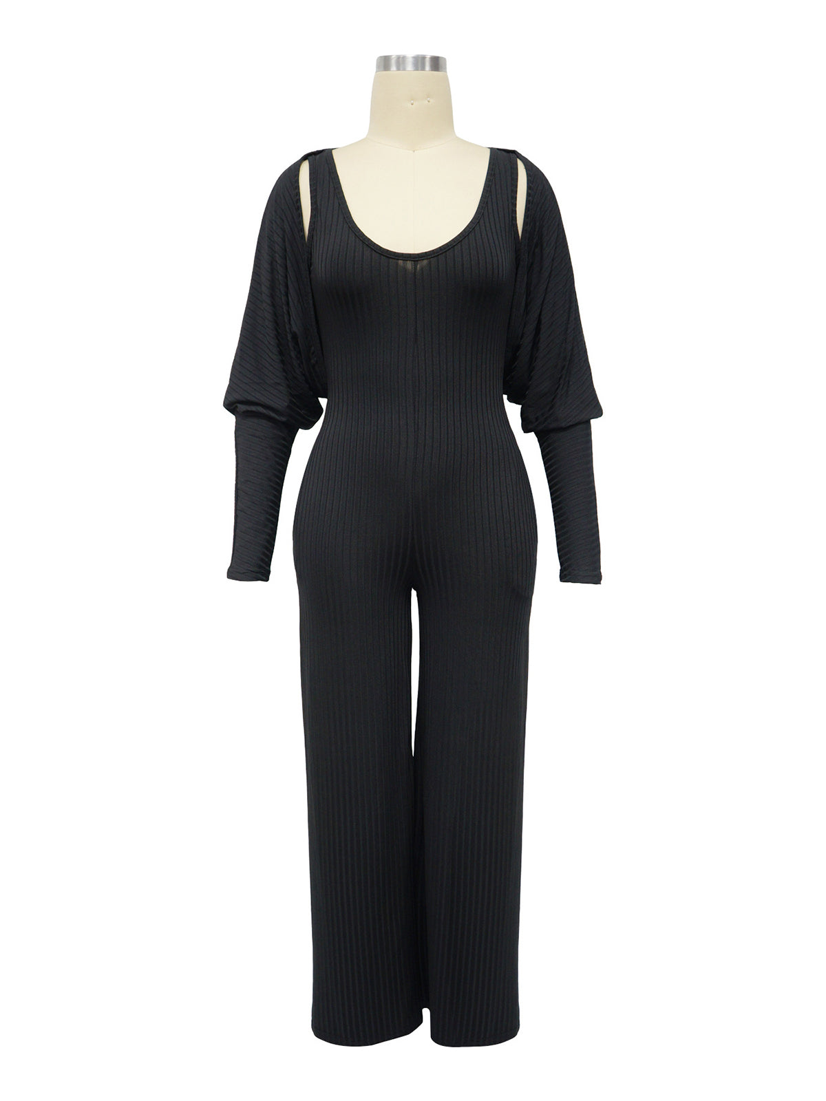Casual Ribbed Jumpsuit Long Sleeve Cardigan Set