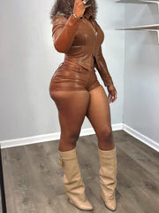Vintage PU Leather Jacket Shorts Sets