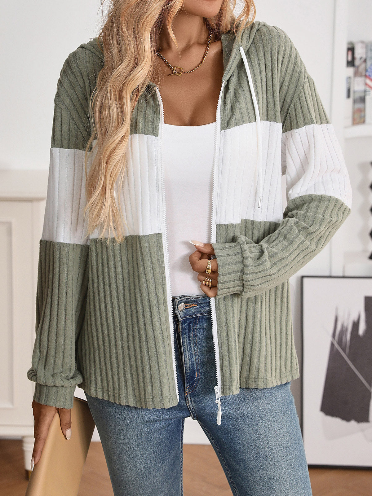 Casual Ribbed Knit Hooded Zip Cardigan
