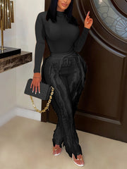 Casual Long Sleeve Bodysuit Tassels Pants Set