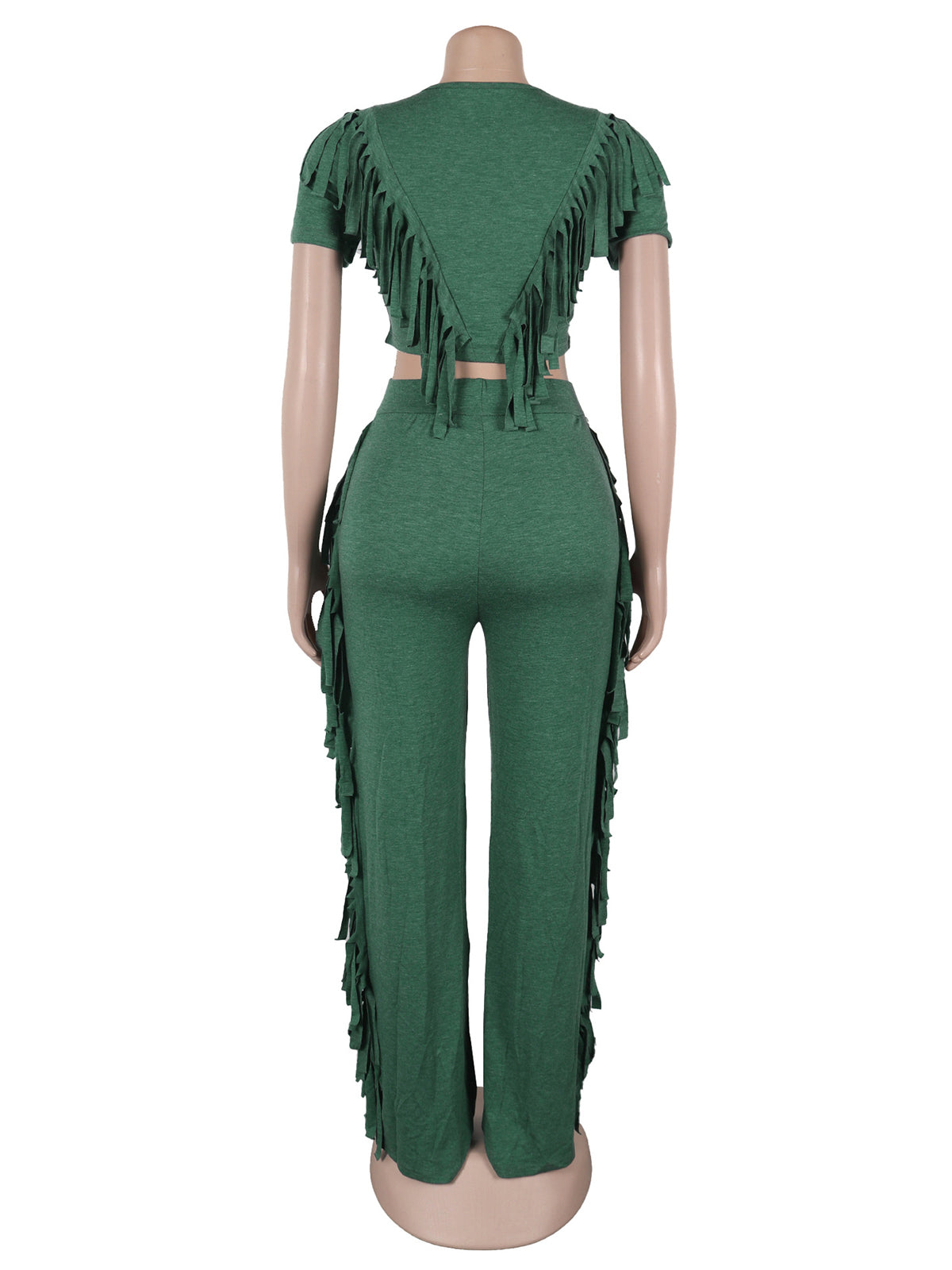 Fringe Crop Top Elastic Pants Casual Two Piece Sets