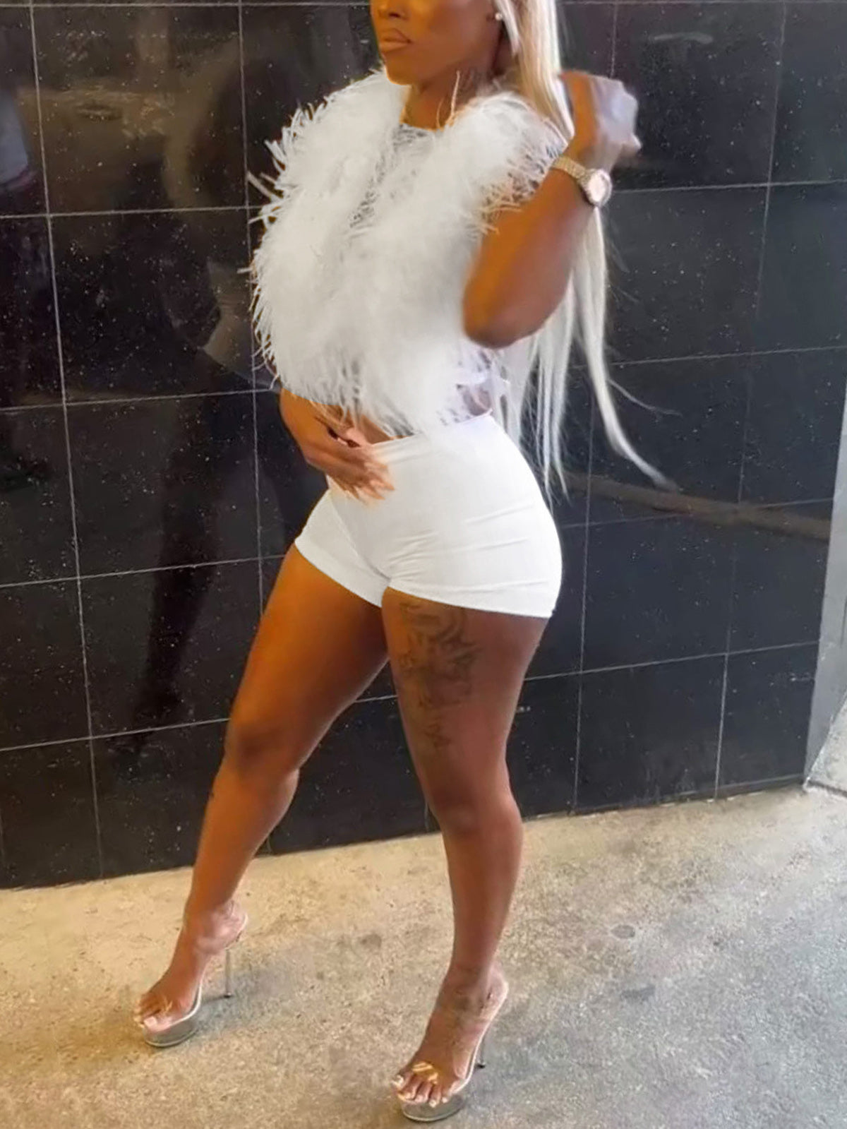 Halter Feather Backless Lace-up Shorts Club Set