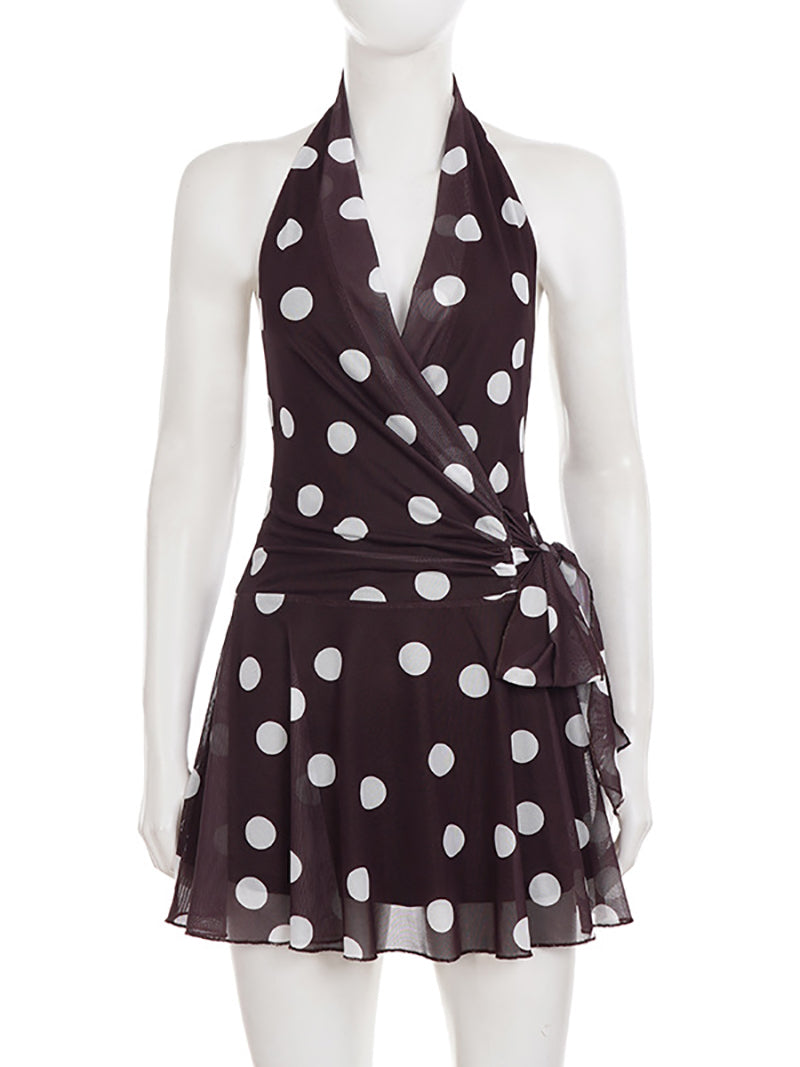 Sexy Polka Dot Halter Backless Bandage Mini Dress