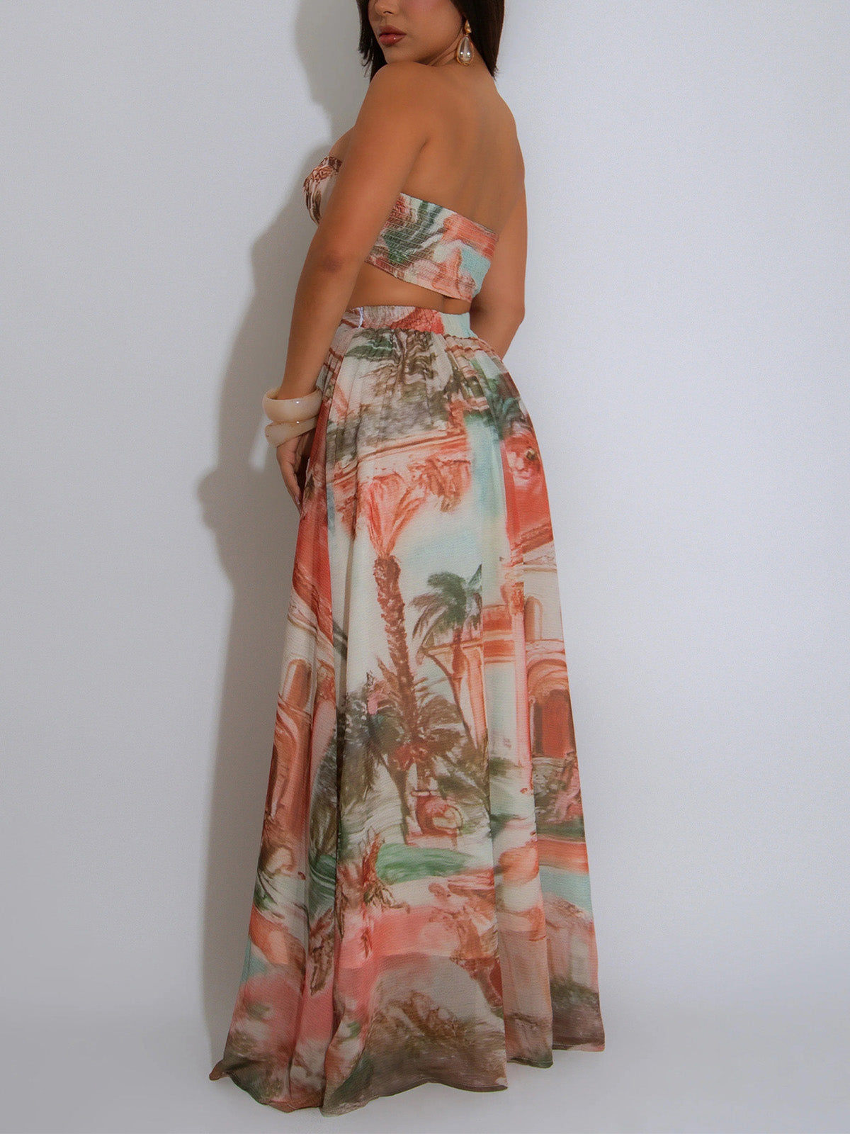 Fashion Print Strapless Crop Top And Maxi Skirt Sets