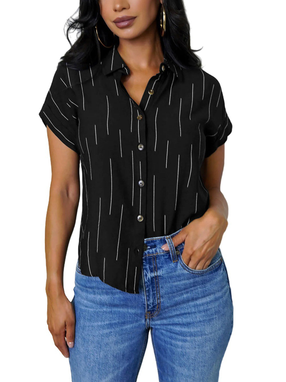 Striped Line Print Button Down Casual Shirt