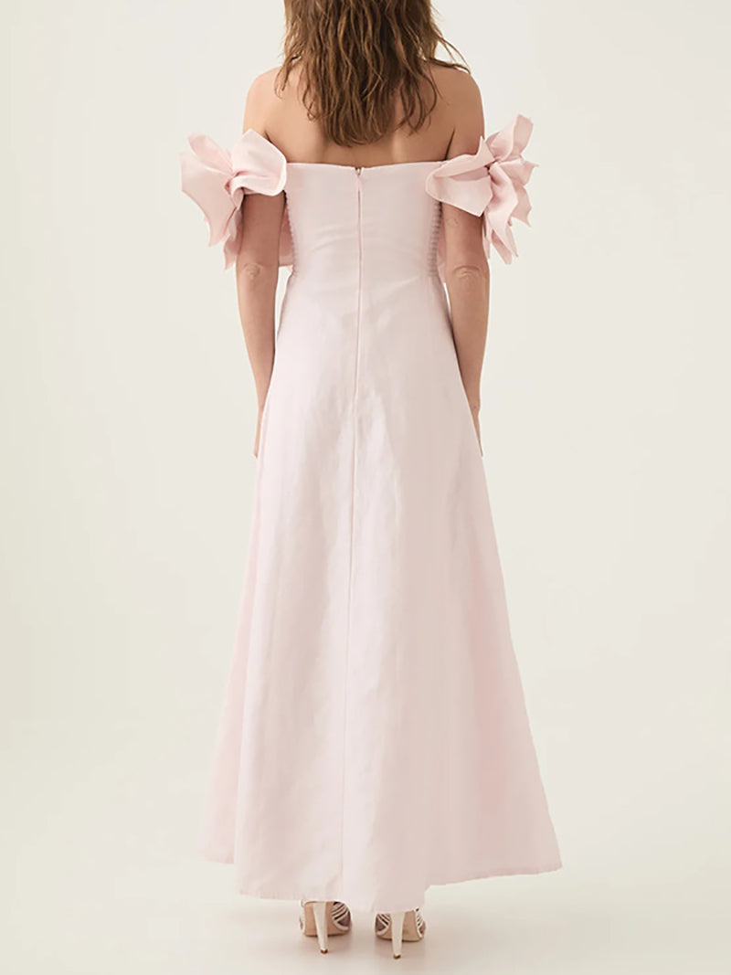Elegant Off Shoulder Floral Applique Slim Midi Dress