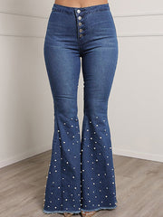 High Waist Flared Trousers Casual Rhinestone Jeans