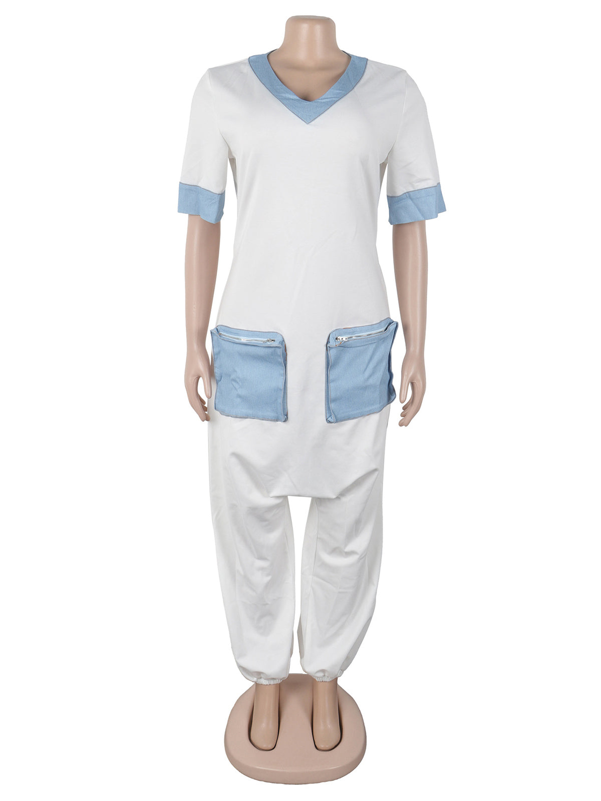 Casual V Neck Denim Patchwork Cargo Jumpsuit