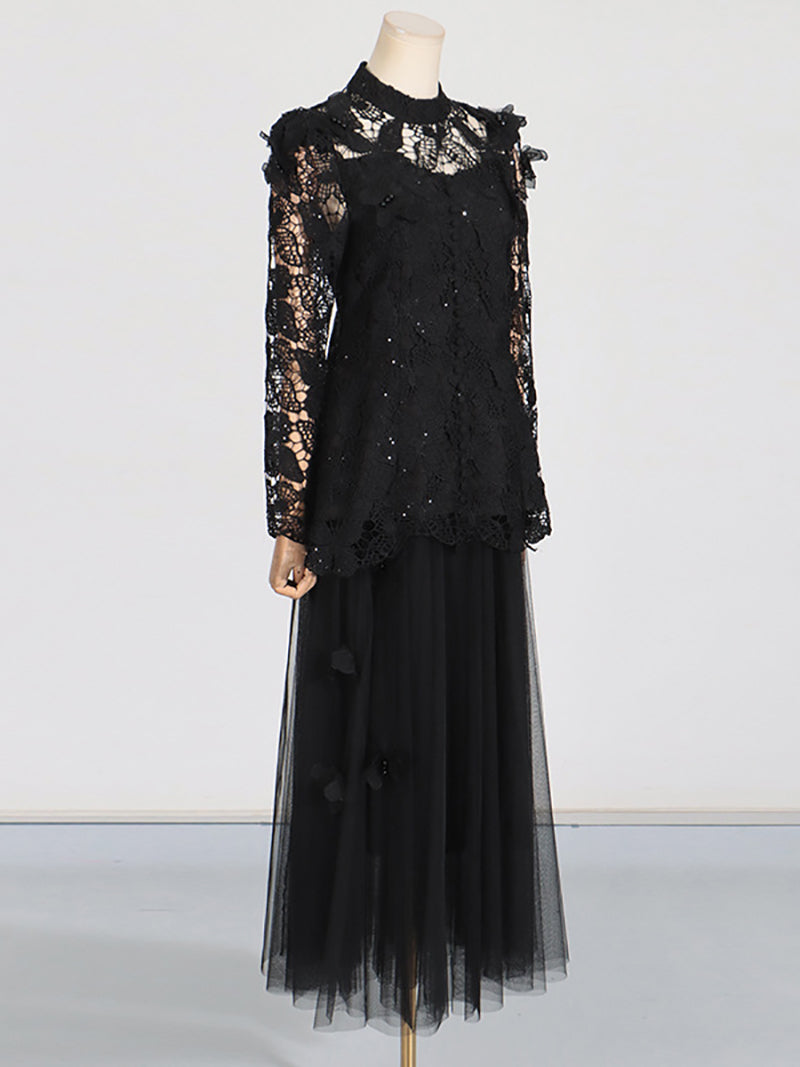 Elegant Embroider Hollow Tops Mesh Pleated Skirt Sets